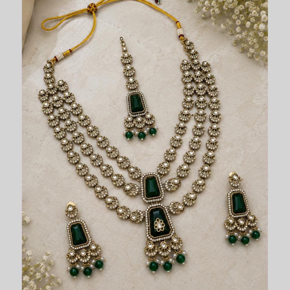 Lalso Tripple Layer Kundan Bridal Necklace earring maangtikka Jewellery Set with Green Stones for wedding festival - SM-NK504-GR