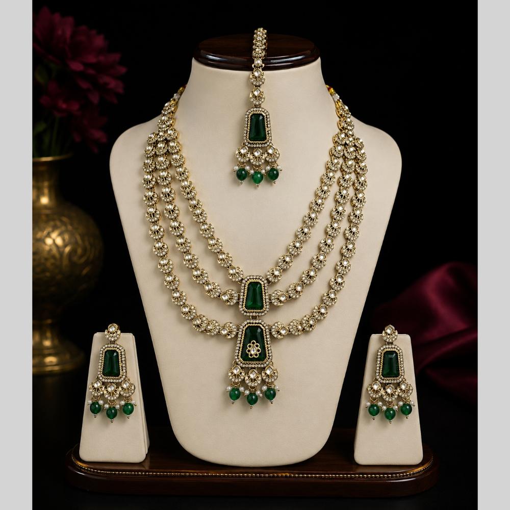 Lalso Tripple Layer Kundan Bridal Necklace earring maangtikka Jewellery Set with Green Stones for wedding festival - SM-NK504-GR