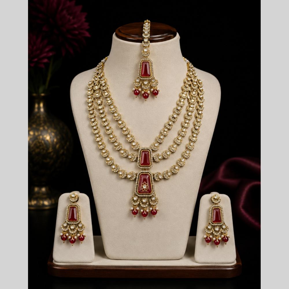 Lalso Tripple Layer Kundan Bridal Necklace earring maangtikka Jewellery Set with Maroon Stones for wedding festival - SM-NK504-MR