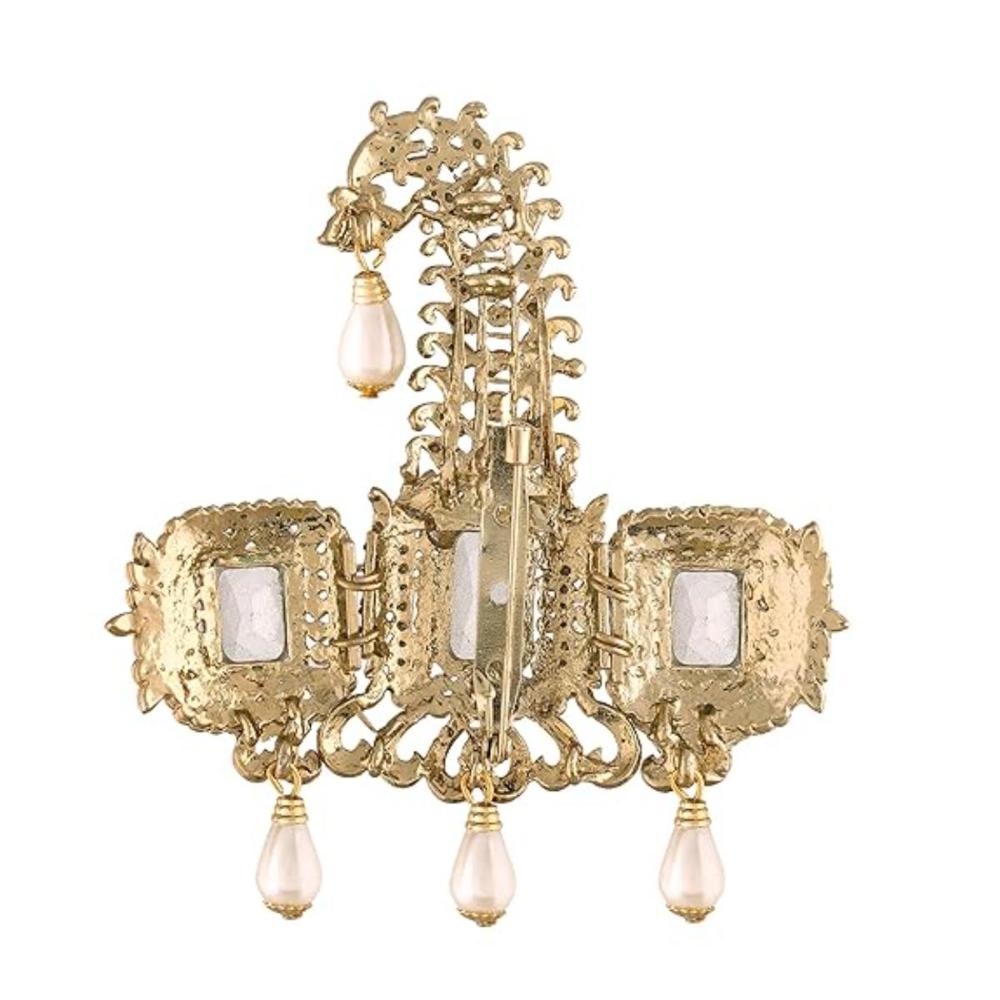 Etnico Gold Plated Stone Pearl Drop Safa Kalangi Brooch for Groom/Men/Dulha Pagadi (SM56W)