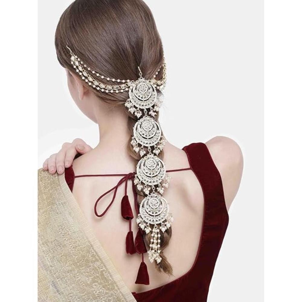 Etnico Gold Plated White Kundan and Pearl Paranda/Hair Braid Pin Choti For Bridal (T2096W)
