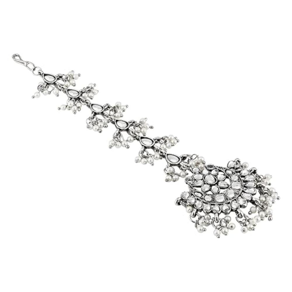 Etnico Silver Oxidised Kundan & Pearls Maang Tikka for women (T2141OX)