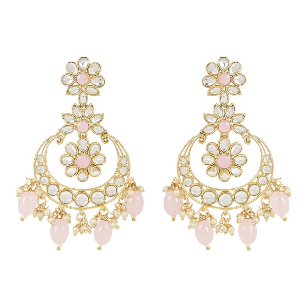 Etnico Gold Plated Traditional Kundan & Pearl Chandbali Earrings with Maang Tikka Set for Women/Girls (TE3023Pi)