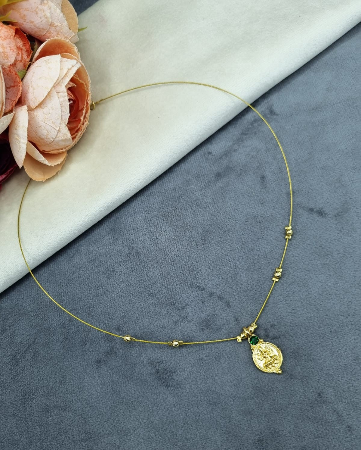 LAFZ Invisible Wire Lakshmi Coin Pendant Necklace with Gold Bead Accents - TM599