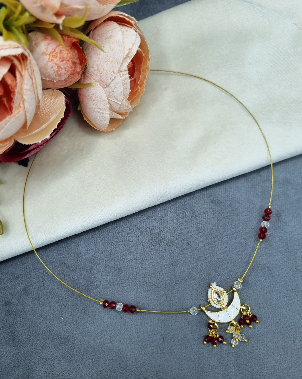 LAFZ Invisible Wire Crescent Pendant Necklace with Beaded Accents - TM600