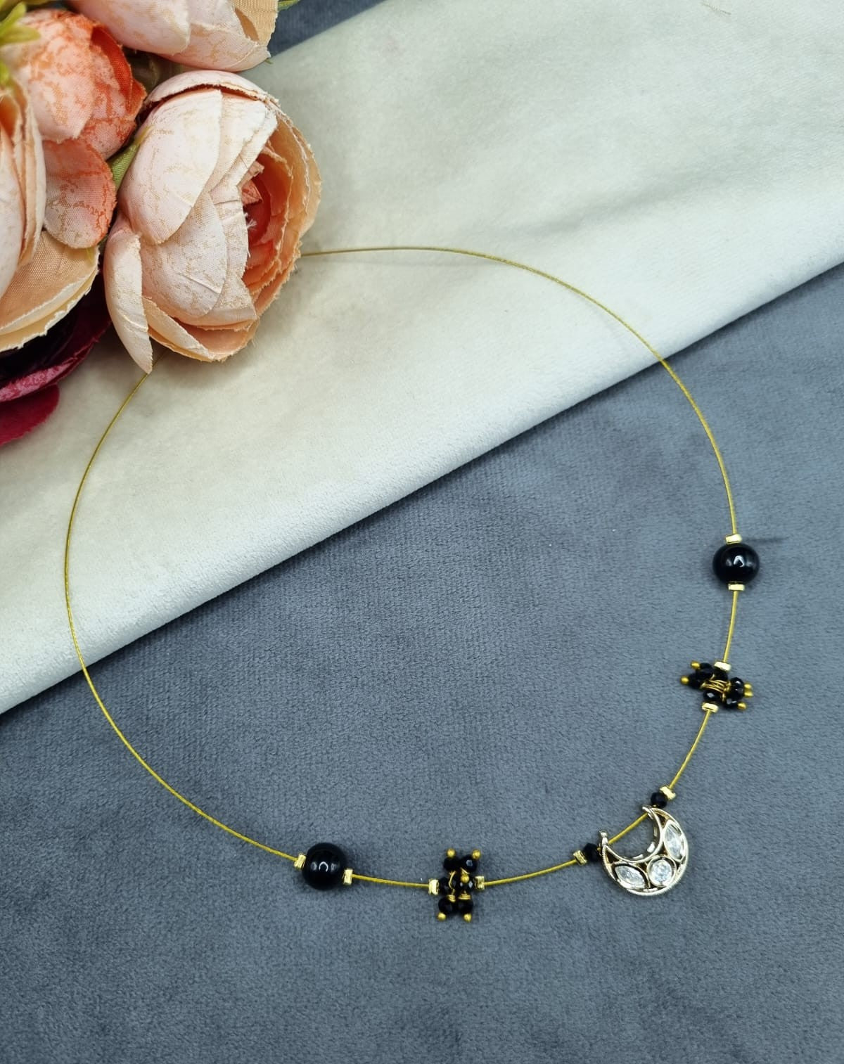 LAFZ Invisible Wire Crescent Pendant Necklace with Black Bead Accents - TM603