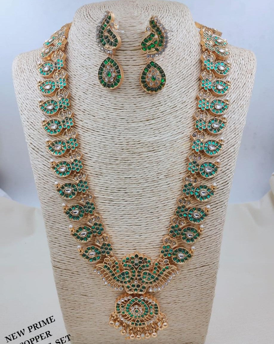 LAFZ Royal Emerald Peacock Long Haram Necklace Set with Matching Earrings - TM605