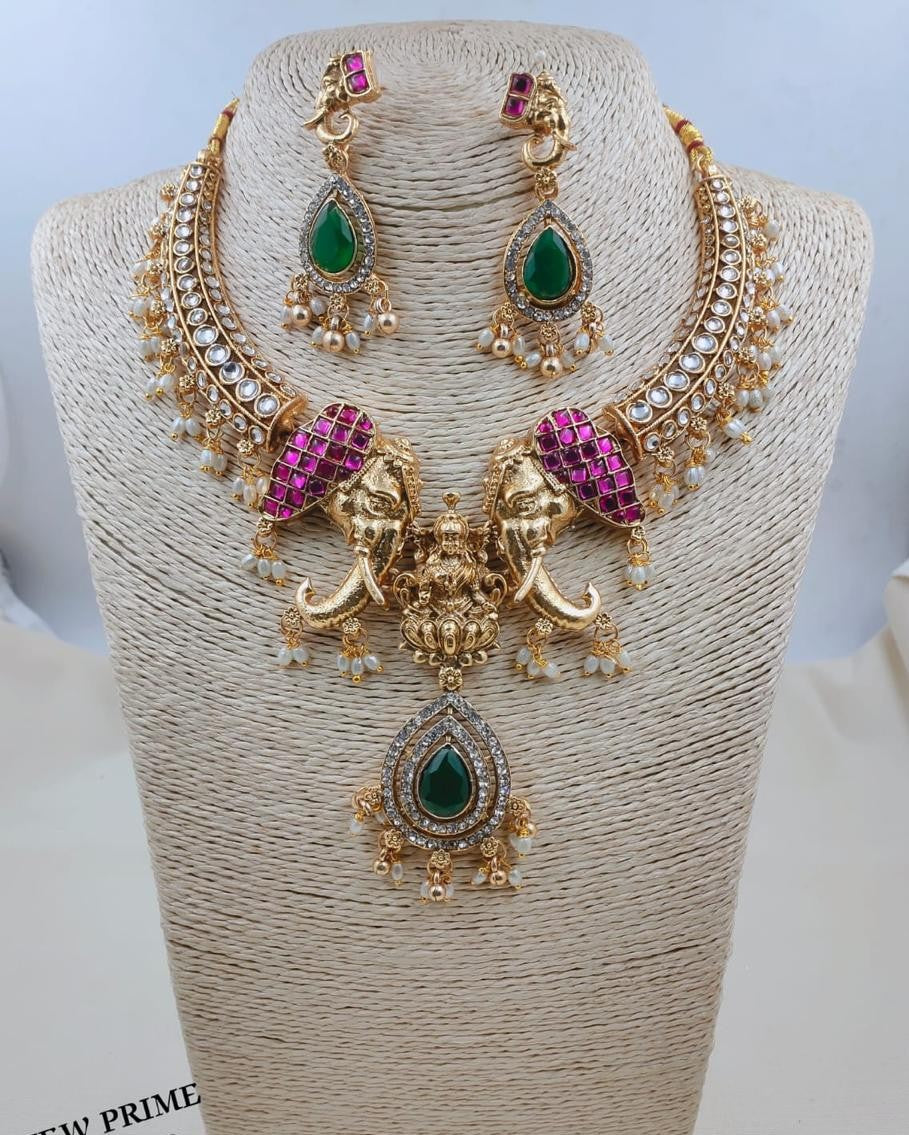 LAFZ Royal Divine Laxmi Elephant Temple Choker Necklace Set with Earrings - TM606