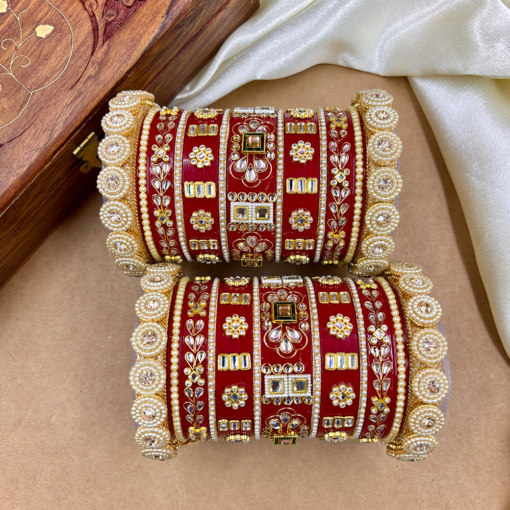 Wedding Chuda Gold Plated Kundan Stone And Pearl Acrylic Bangles Set