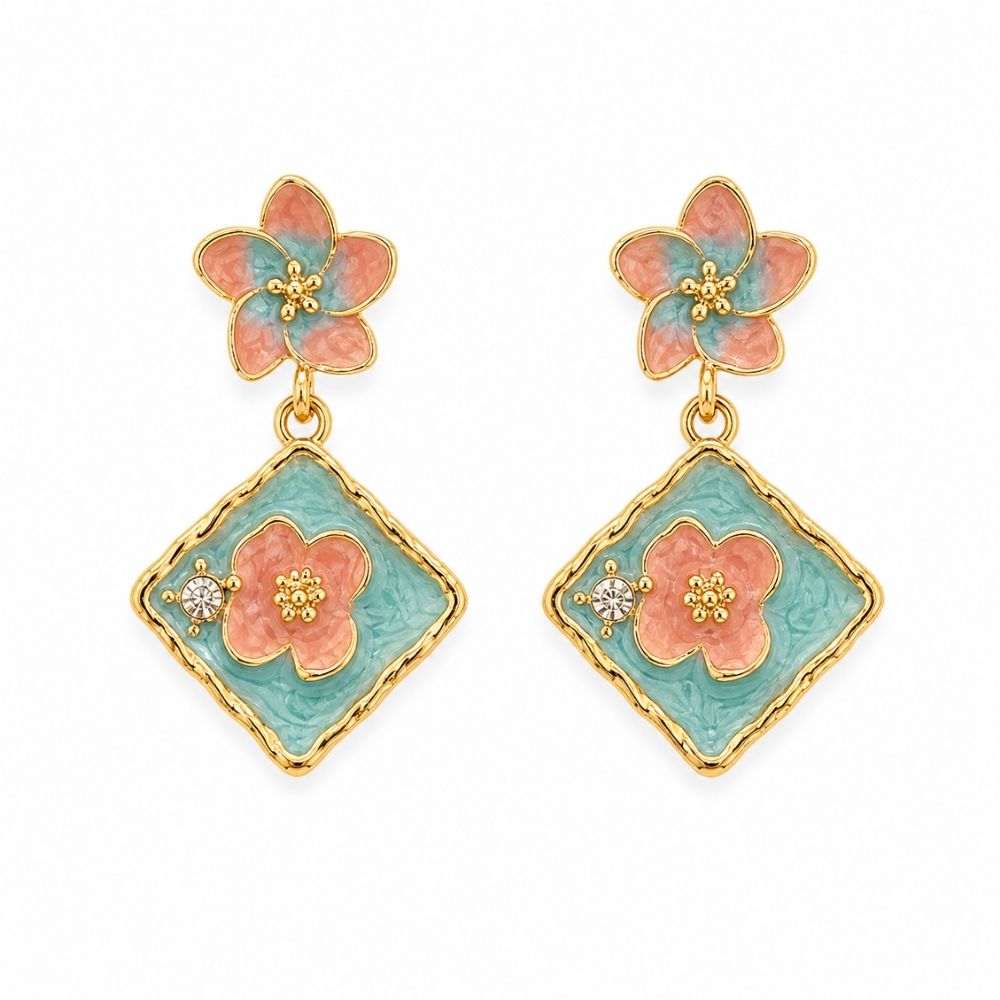 Etnico Fashion Gold Plated Anti Tarnish Pink & Blue Floral Design Drop Earrings with Simulated Stone for Women & Girls Lightweight Fashion Jewellery (WE007Mul)