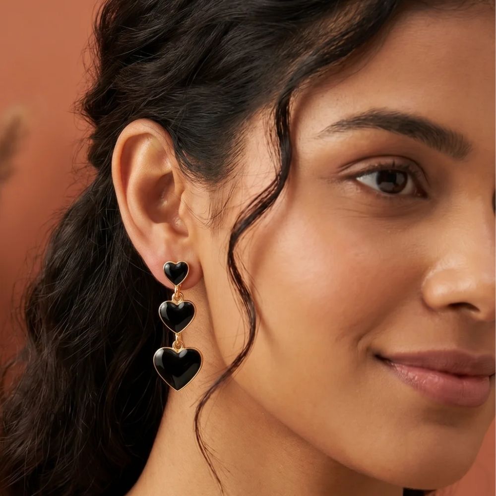 Etnico Fashion Gold Plated Anti Tarnish Triple Heart Design Drop Earrings with Black Enamel for Women & Girls Lightweight Fashion Jewellery (WE008B)