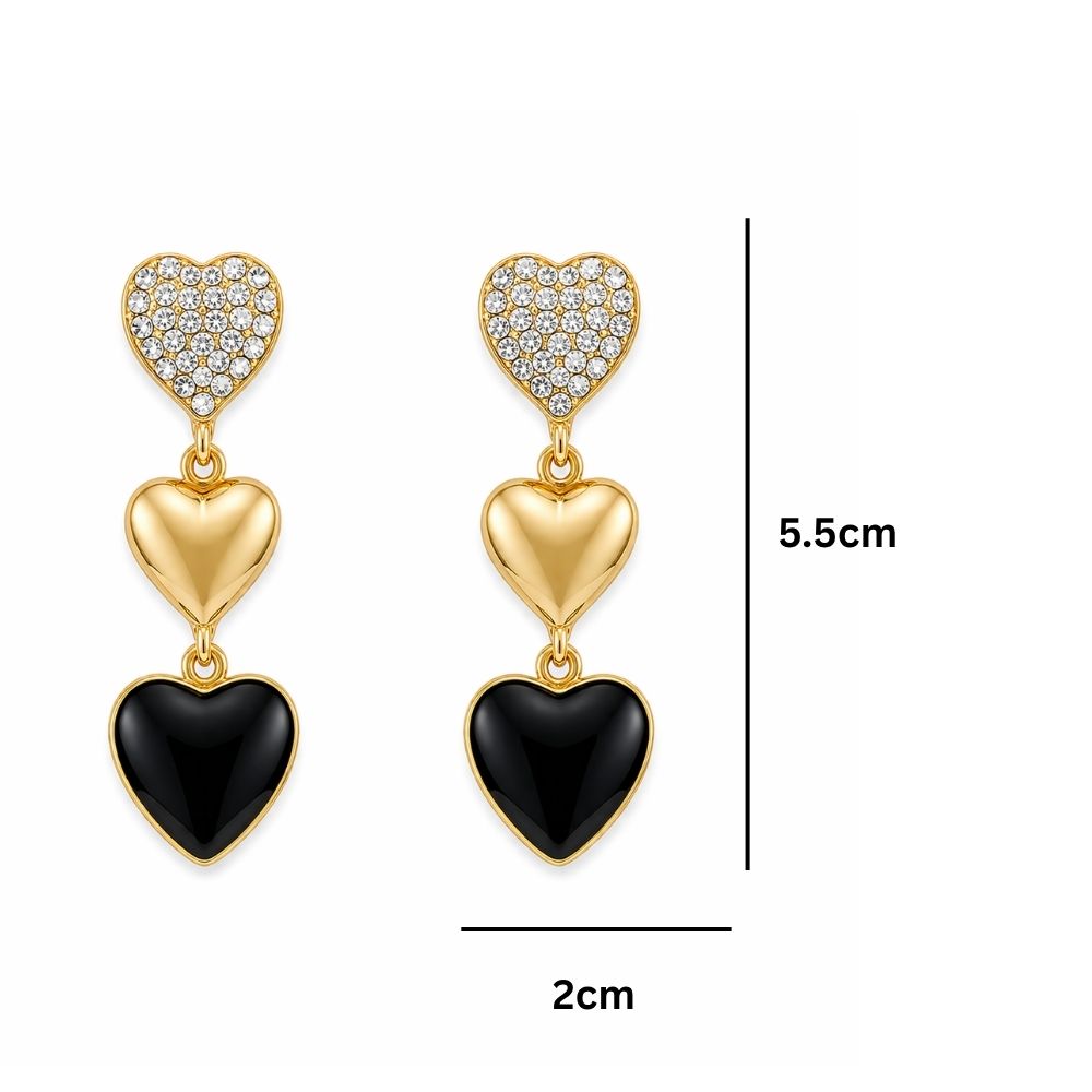 Etnico Fashion Gold Plated Anti Tarnish Triple Heart Design Drop Earrings with American Diamond and Black Stone for Women & Girls Lightweight Fashion Jewellery (WE008)