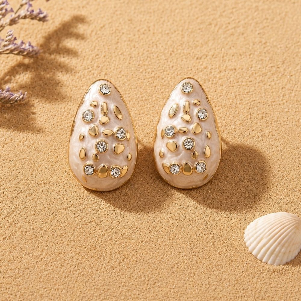 Etnico Fashion Gold Plated Anti Tarnish Pearl Finish Teardrop Stud Earrings with American Diamond for Women & Girls Lightweight Fashion Jewellery (WE013W)