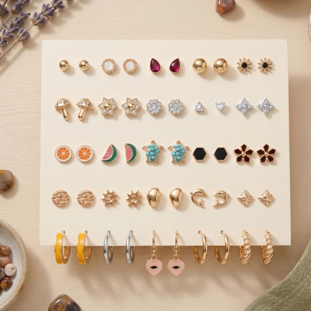 Etnico Fashion 25 Pairs Combo Anti Tarnish Set Latest Stylish Stud Earrings for Women and Girls Gold Plated Western Earrings Fashion Jewellery Collection Gift (WE022FL-CO)