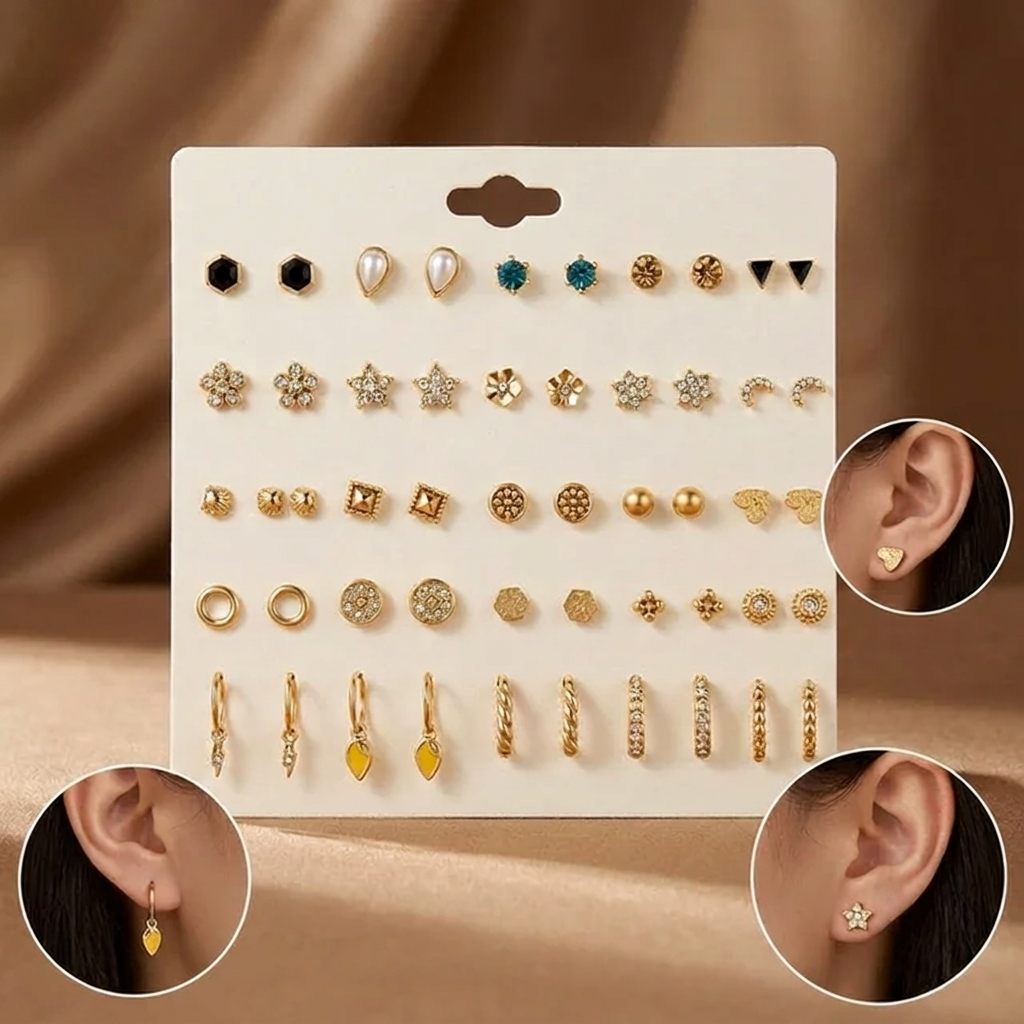 Etnico Fashion 25 Pairs Combo Anti Tarnish Set Latest Stylish Earrings for Women and Girls Gold Plated Stud & Hoop Fashion Jewellery Collection (WE023FL-CO)