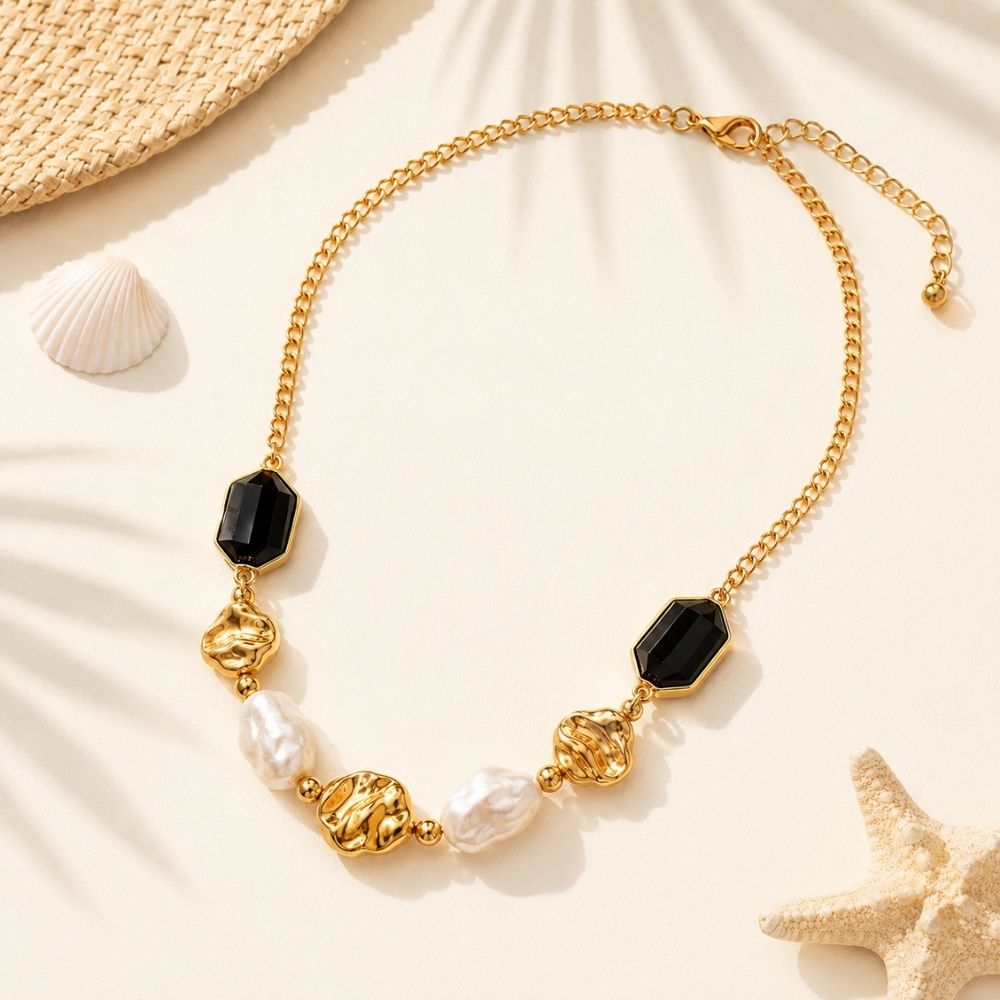 Etnico Fashion Gold Plated Anti Tarnish Faux Pearl & Black Stone Necklace for Women & Girls Stylish Fashion Jewellery (WN004FL)
