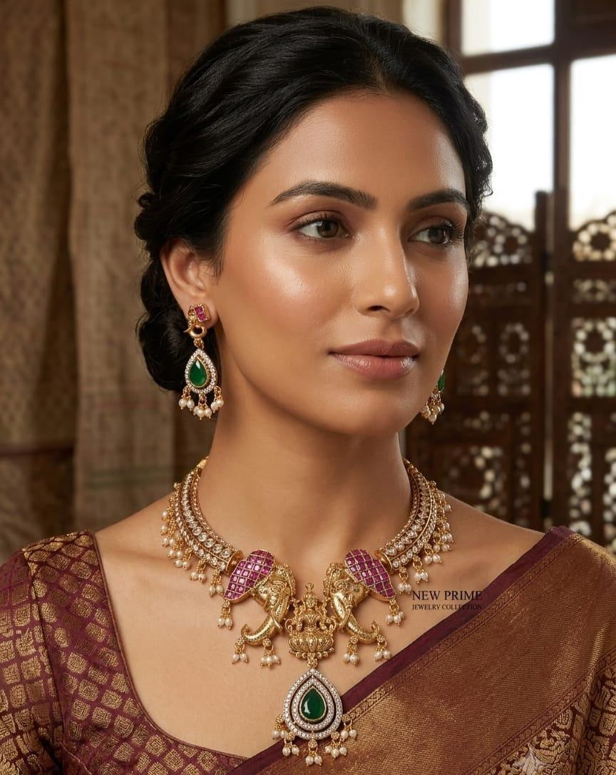 LAFZ Royal Divine Laxmi Elephant Temple Choker Necklace Set with Earrings - TM606