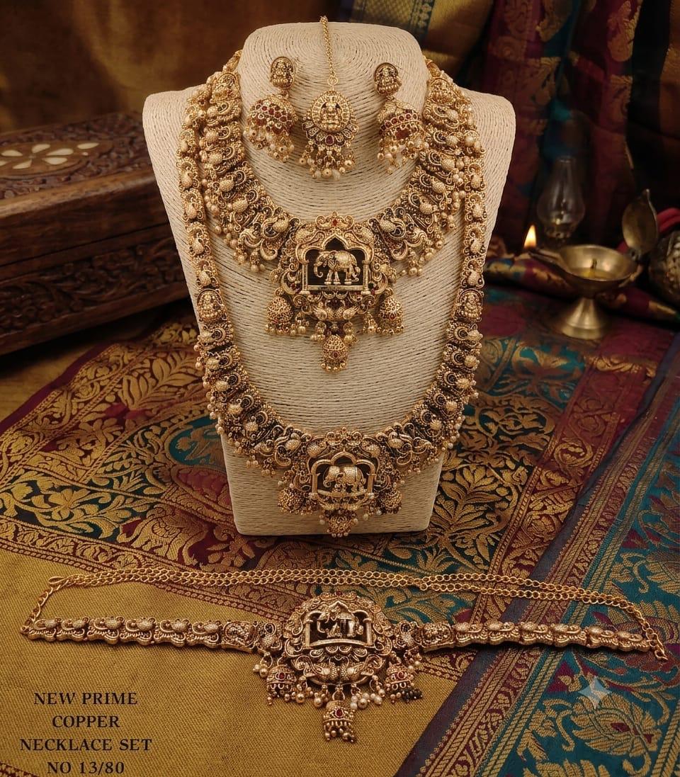 LAFZ Grand Antique Copper Elephant Temple Bridal Jewelry Set - TM609