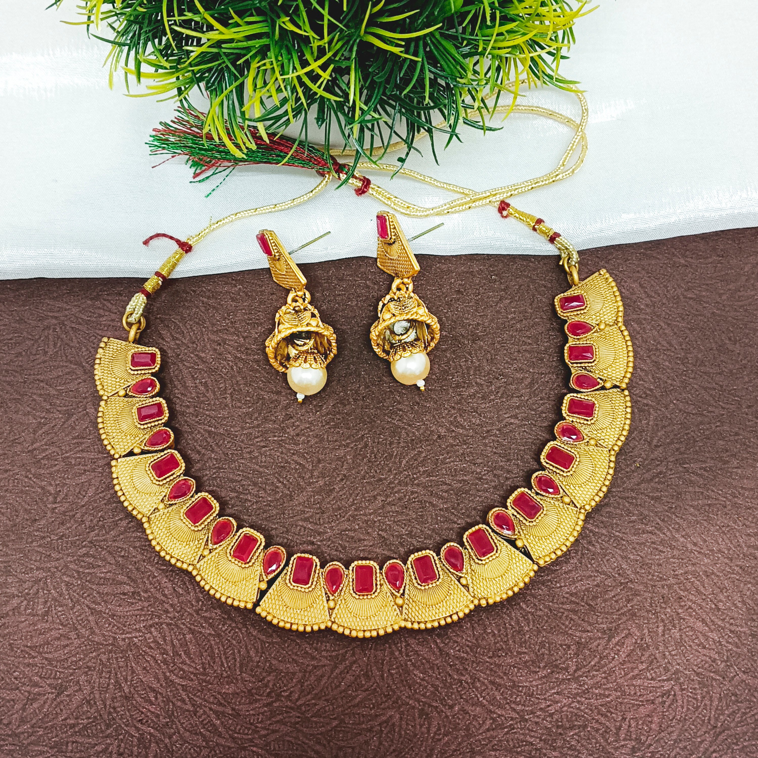 Bhavi Jewels Pota Stone Gold Plated Necklace Set