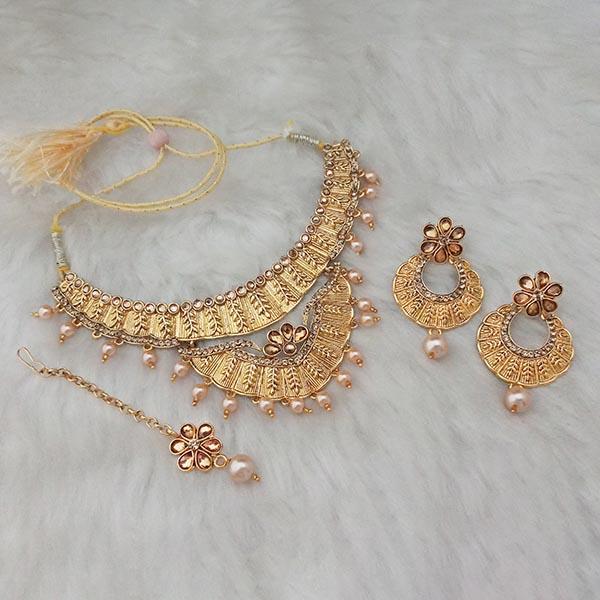 Amina Creation Brown Stone Gold Plated Necklace Set With Maang Tikka - 1107968