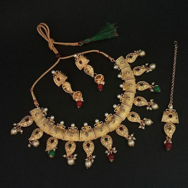 Amina Creation Green Austrian Stone And Pearl Necklace Set With Maang Tikka - 1107993C