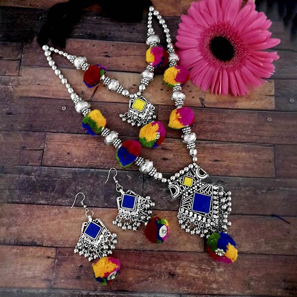 Jeweljunk Oxidised Plated Multicolor Two Layer Pom Pom Necklace Set - 1114640