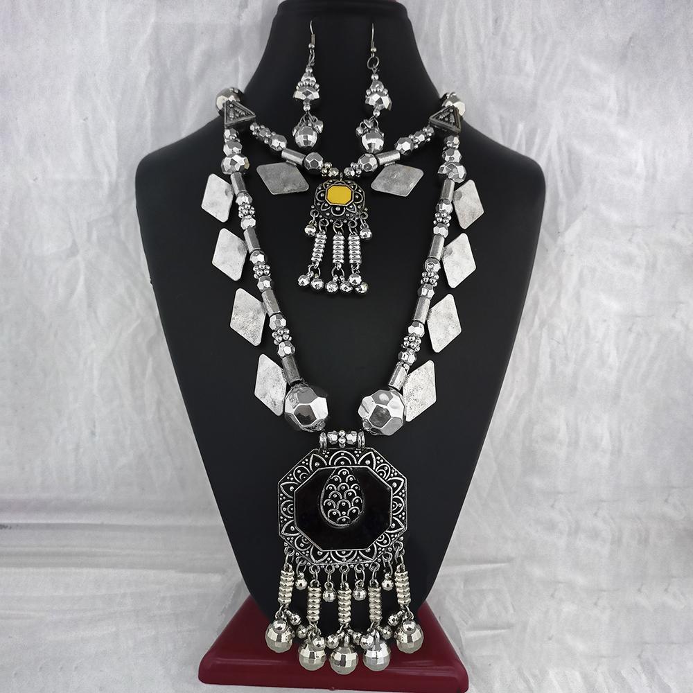 Jeweljunk Oxidised Plated Two Layer Necklace Set - 1114651