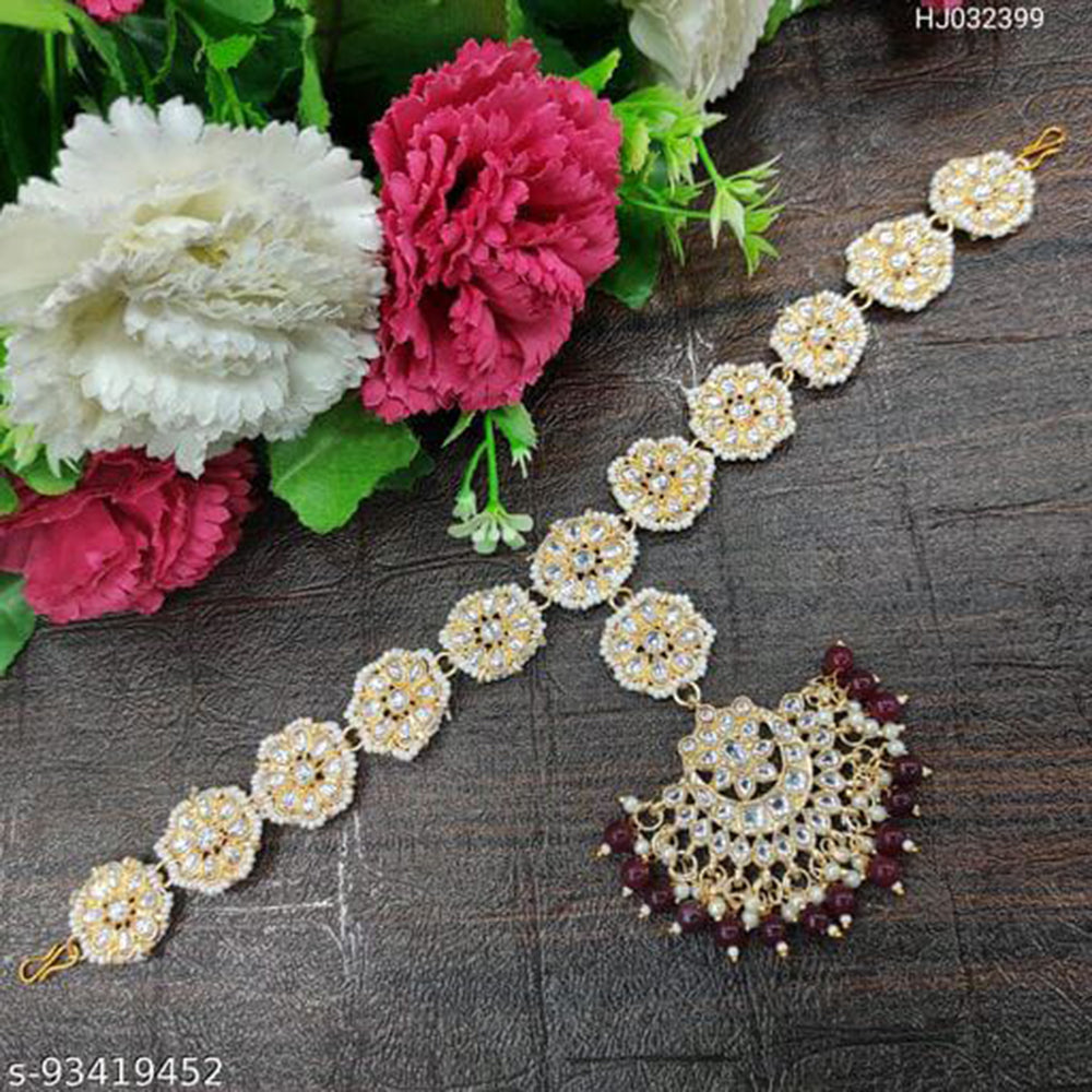 SNERA Gold Plated Kundan & Pearl Sheeshphool / Headband For Women