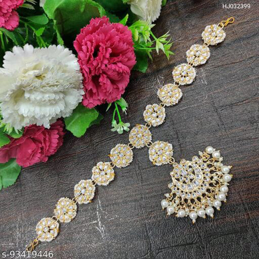 SNERA Gold Plated Kundan & Pearl Sheeshphool / Headband For Women