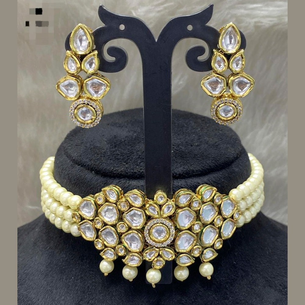 FS Collection Gold Plated Kundan Stone & Beads Choker Necklace Set