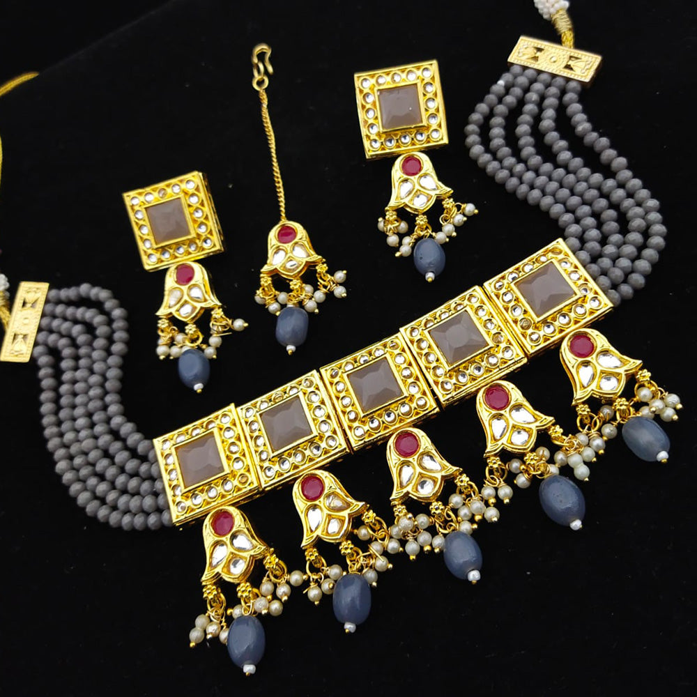 FS Collection Gold Plated Kundan & Beads Choker Necklace Set