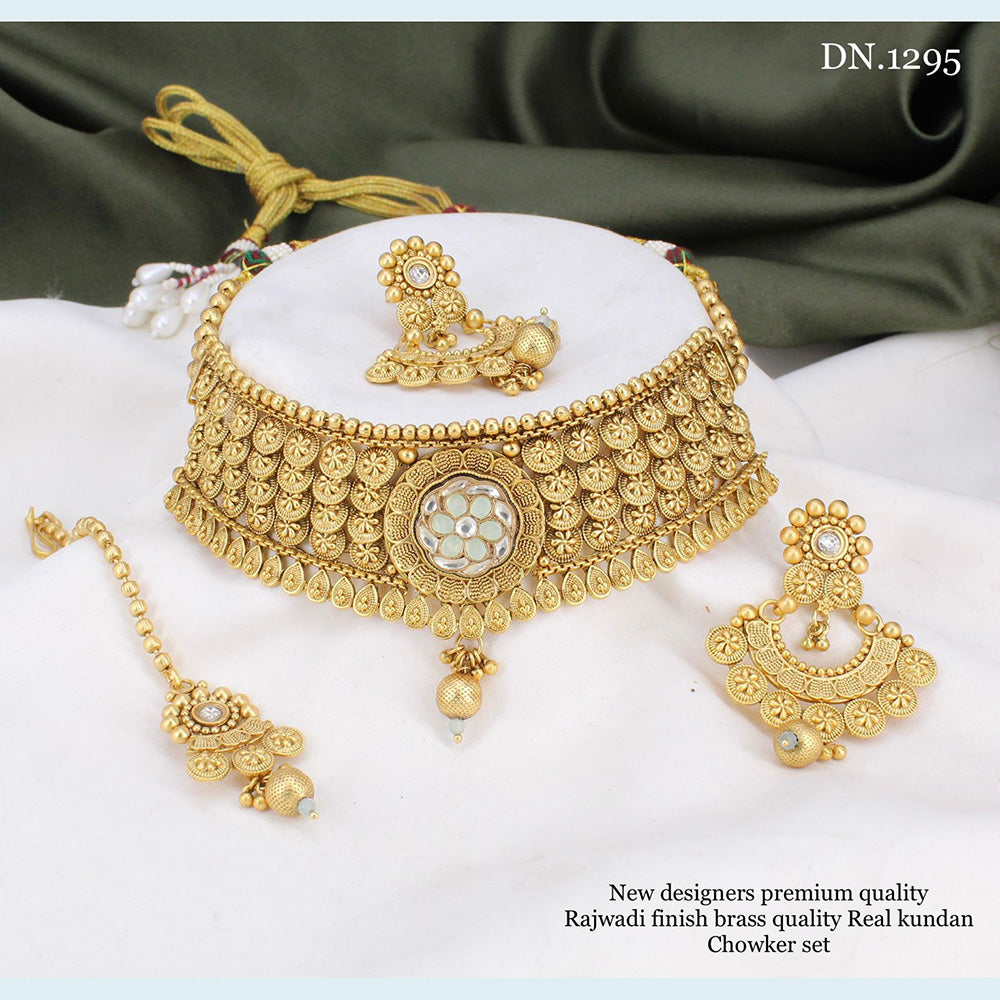FS Collection Gold Plated Rajwadi Style Kundan Choker Necklace Set