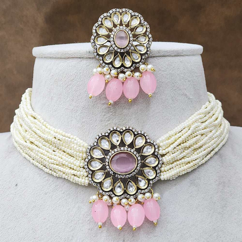 FS Collection Gold Plated Kundan And Pearl Choker Necklace Set