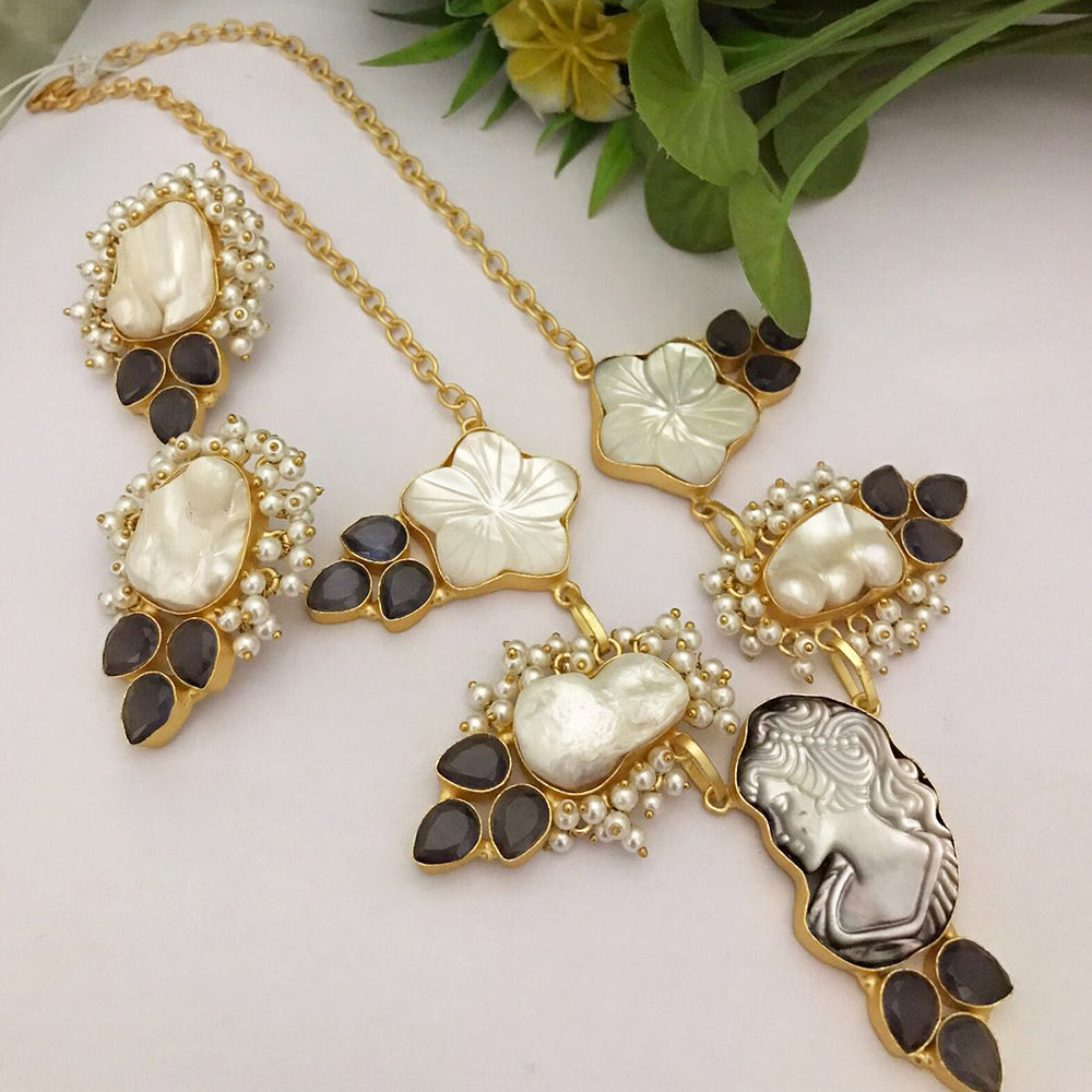 FS Collection Gold Plated Pota Stone Long Necklace Set