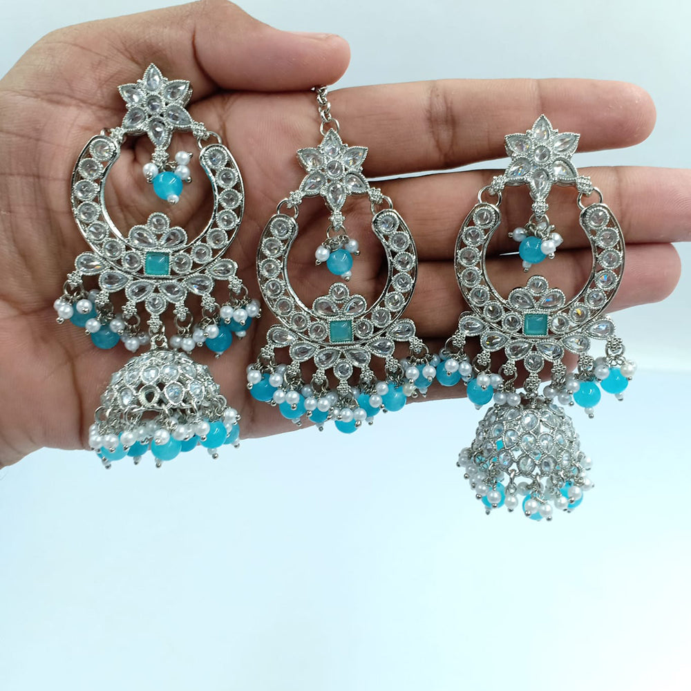 Fs Collection Silver Plated Crystal Stone Jhumki With Maangtikka