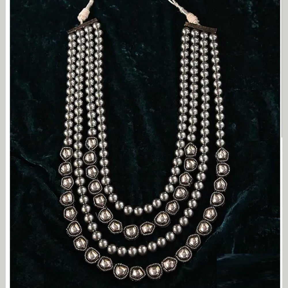 FS Collection Black Polish Multi Layer Kundan Long Necklace