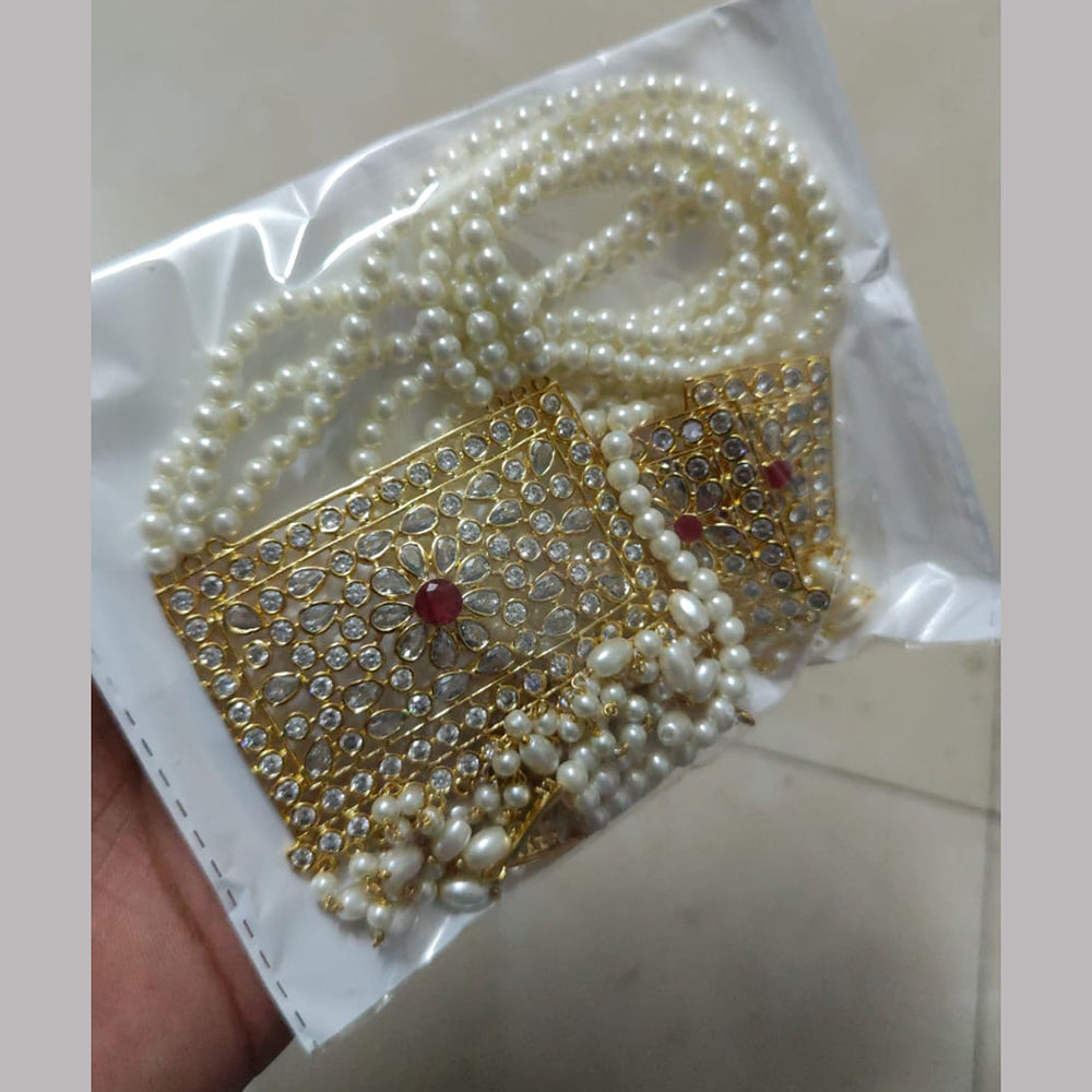 FS Collection Gold Plated Crystal And Pearl Long Necklace Set