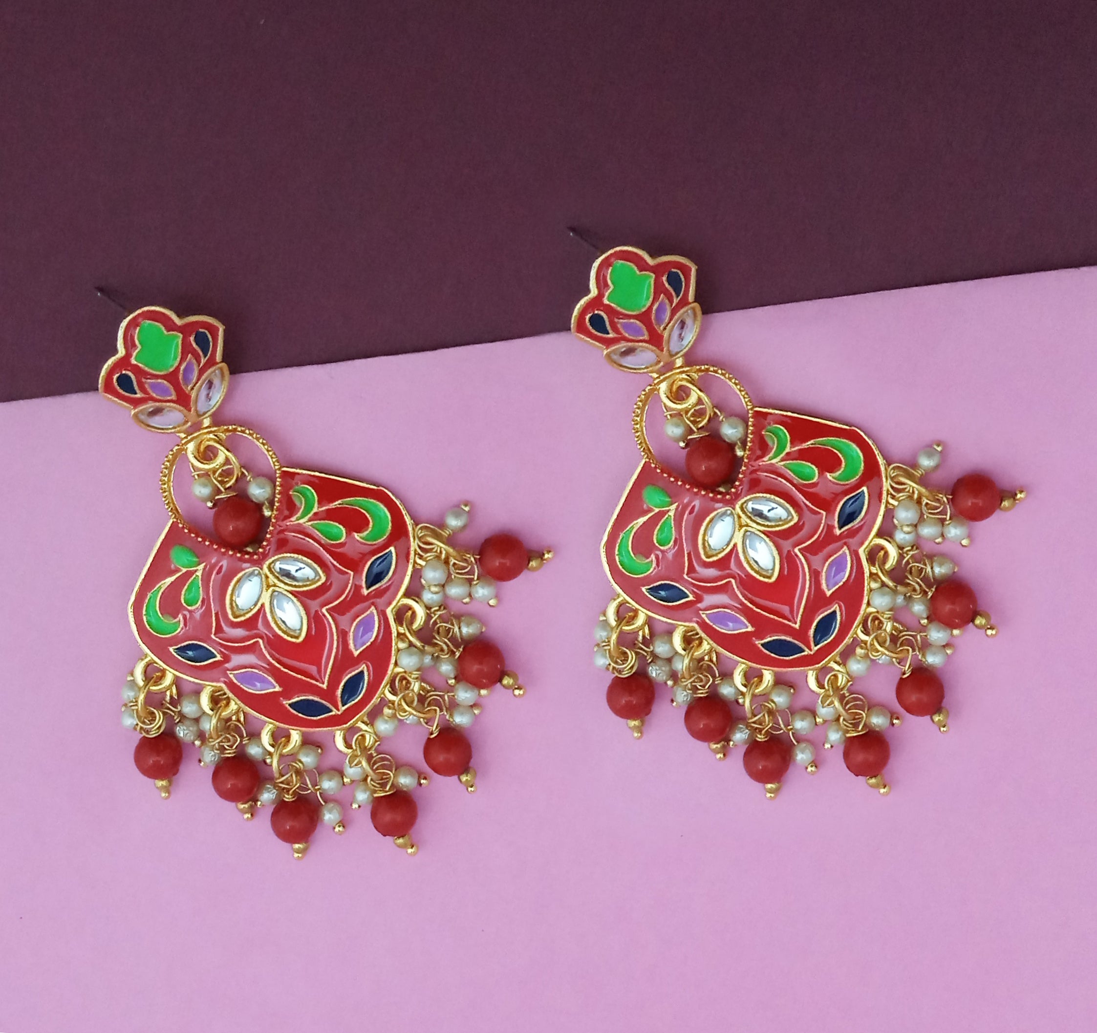 Amina Creation Gold Plated Meenakari Dangler Earrings