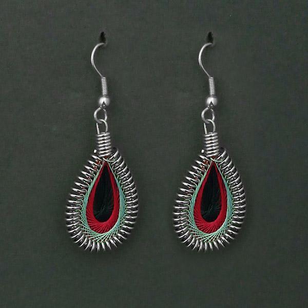 Tip Top Fashions Rhodium Plated Green Maroon Thread Dangler Earrings - 1316101E
