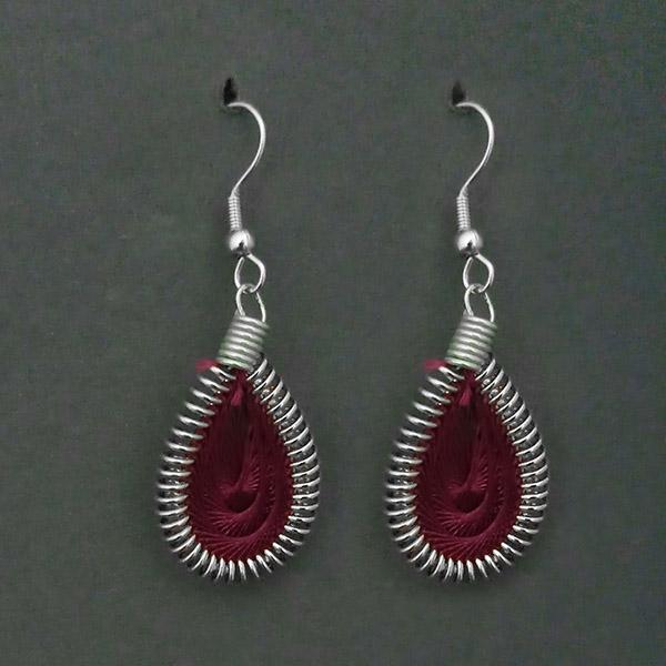 Tip Top Fashions Rhodium Plated Maroon Thread Dangler Earrings - 1316101J