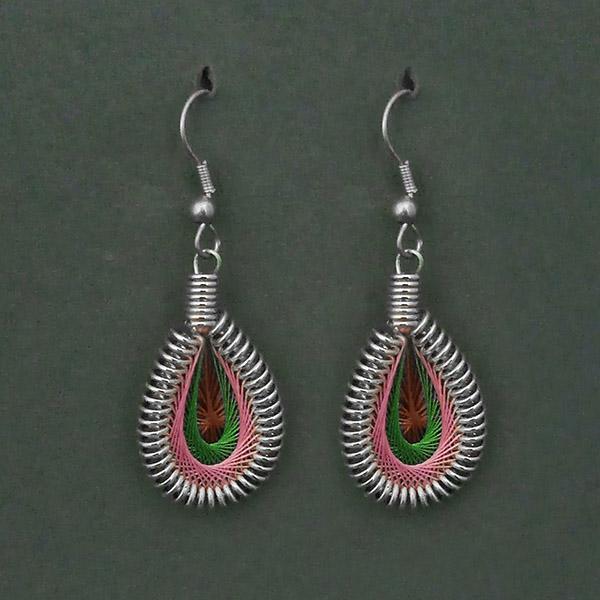 Tip Top Fashions Rhodium Plated Pink Green Thread Dangler Earrings - 1316101M