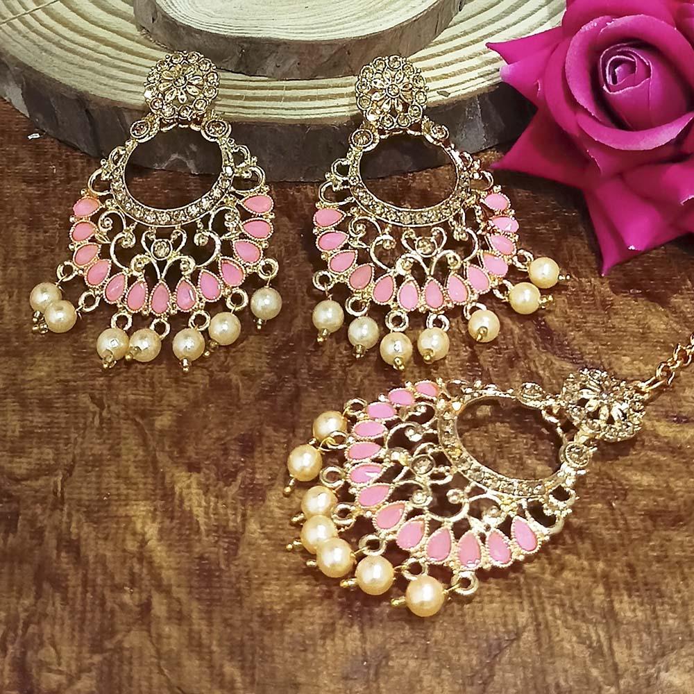 Adi Gold Plated Light Green Kundan And Stone Earrings With Maang Tikka - 1319201A