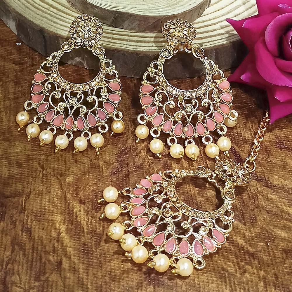 Adi Gold Plated Light Green Kundan And Stone Earrings With Maang Tikka - 1319201A