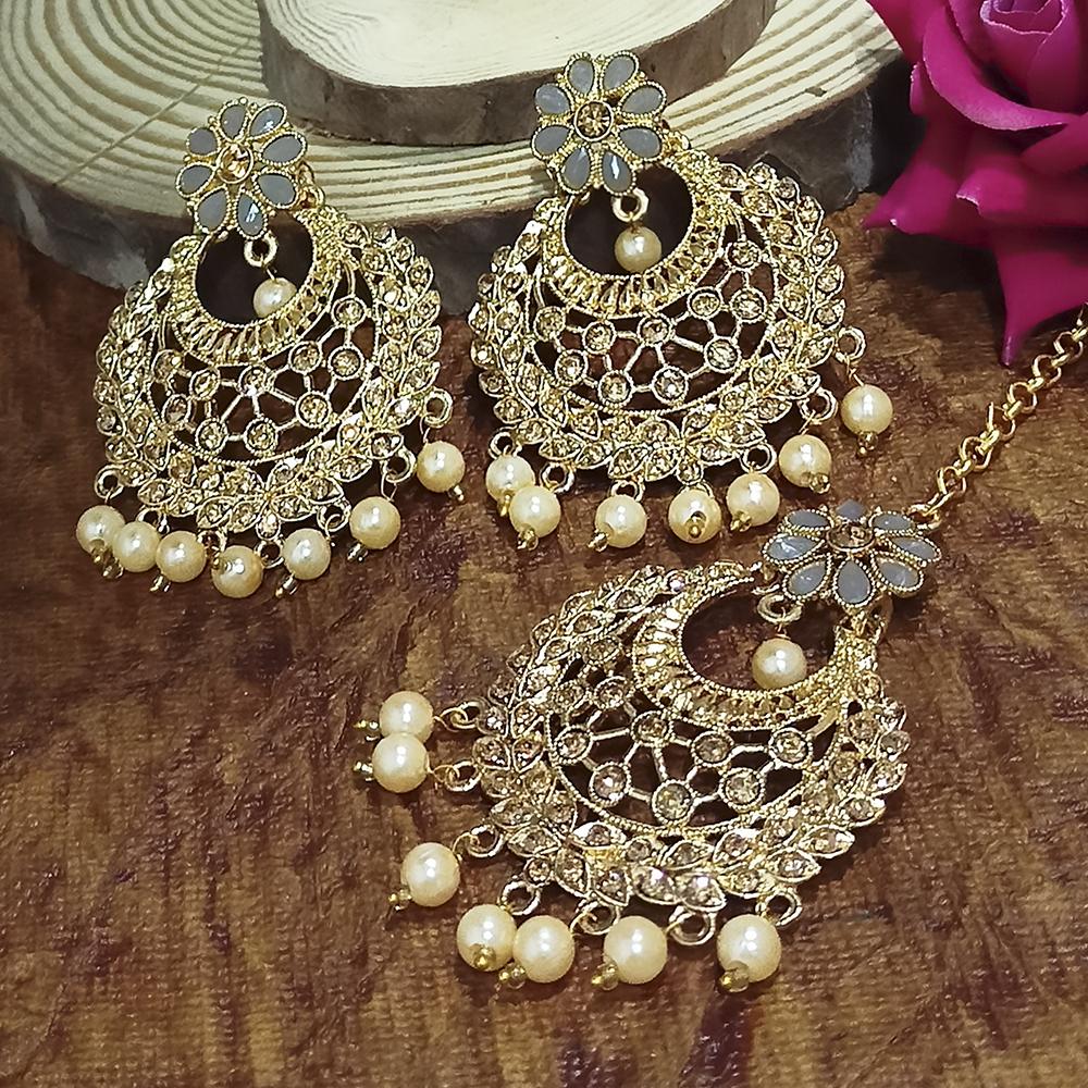 Adi Gold Plated Blue Kundan And Stone Earrings With Maang Tikka - 1319203C