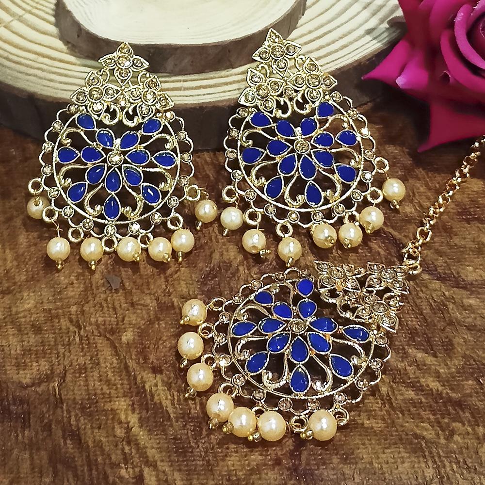 Adi Gold Plated Pink Kundan And Stone Earrings With Maang Tikka - 1319204D