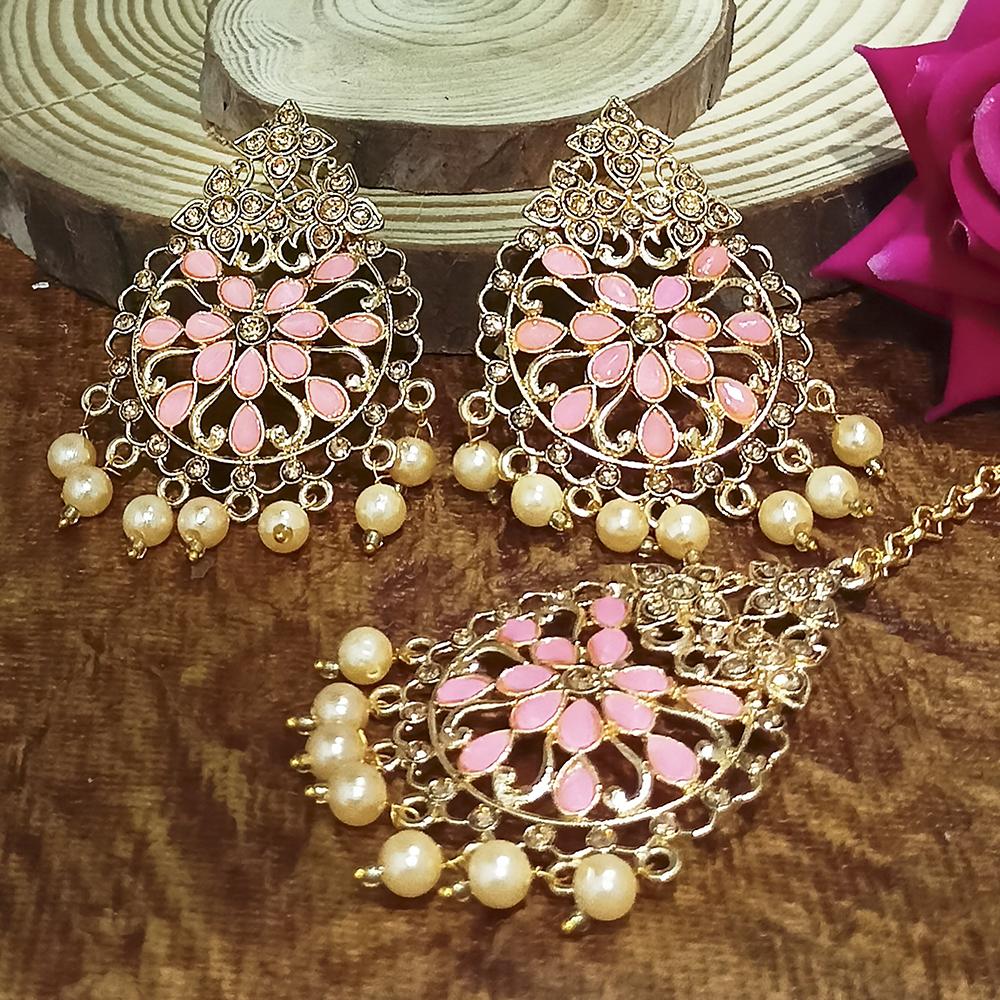 Adi Gold Plated Pink Kundan And Stone Earrings With Maang Tikka - 1319204D