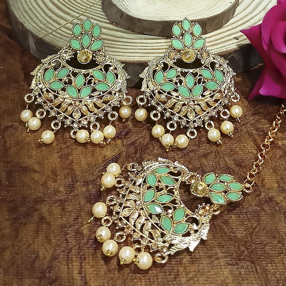 Adi Gold Plated Peach Kundan And Stone Earrings With Maang Tikka - 1319206F