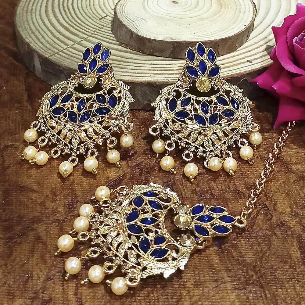 Adi Gold Plated Peach Kundan And Stone Earrings With Maang Tikka - 1319206F