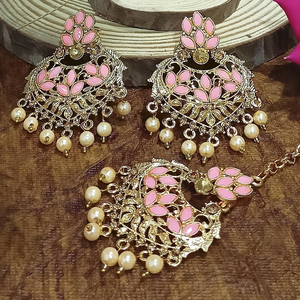 Adi Gold Plated Peach Kundan And Stone Earrings With Maang Tikka - 1319206F