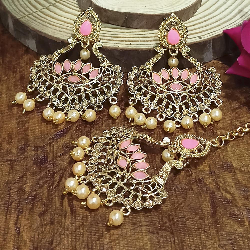 Adi Gold Plated Pink Kundan And Stone Earrings With Maang Tikka - 1319207D